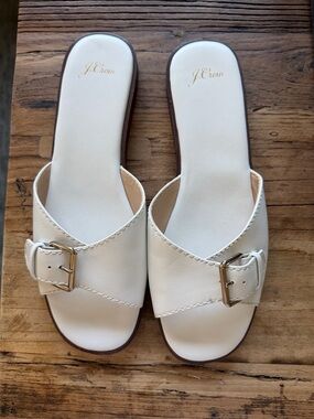 J. Crew White Leather Buckle Slide Mules
